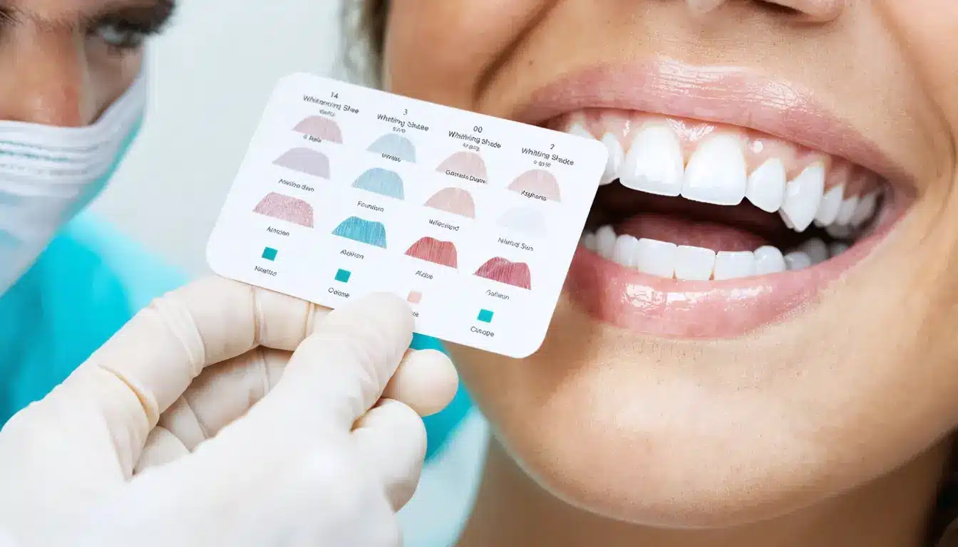 graphic showing the process of testing whitening shades in a dental office,