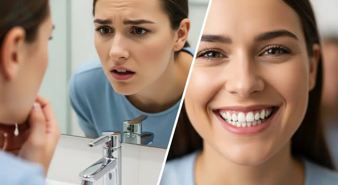 Before and after photo of a person who underwent a chipped tooth repair
