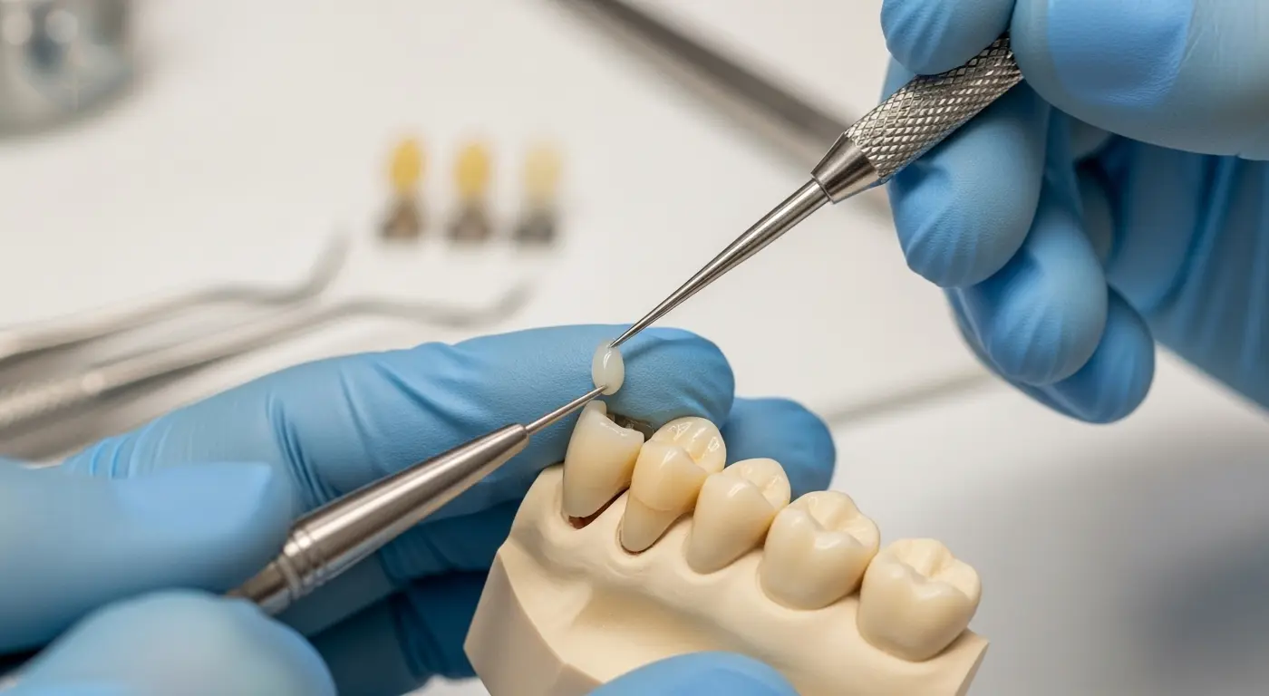 Dentist applying composite resin to repair a chipped front tooth using dental bonding.