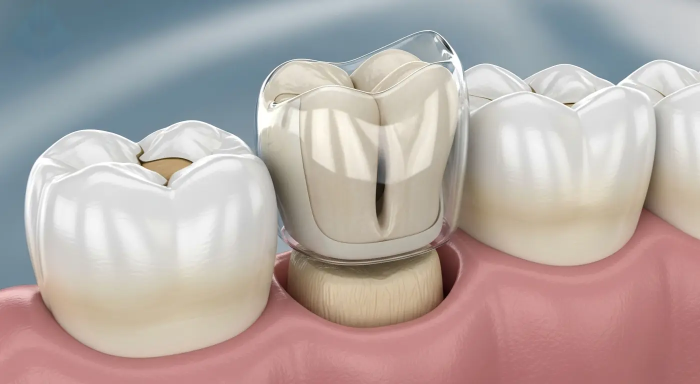 Diagram showing a dental crown being placed over a damaged tooth