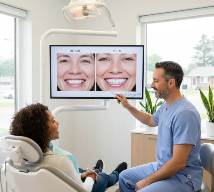 Patient and dentist in a modern New Jersey clinic reviewing a Digital Smile Design simulation on a large screen.