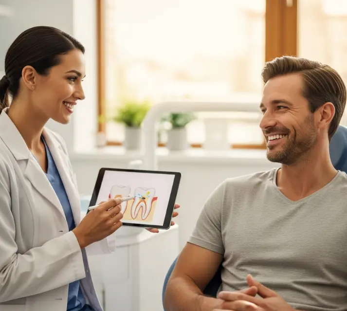 Dentist explaining options for fixing a chipped tooth to a happy patient.