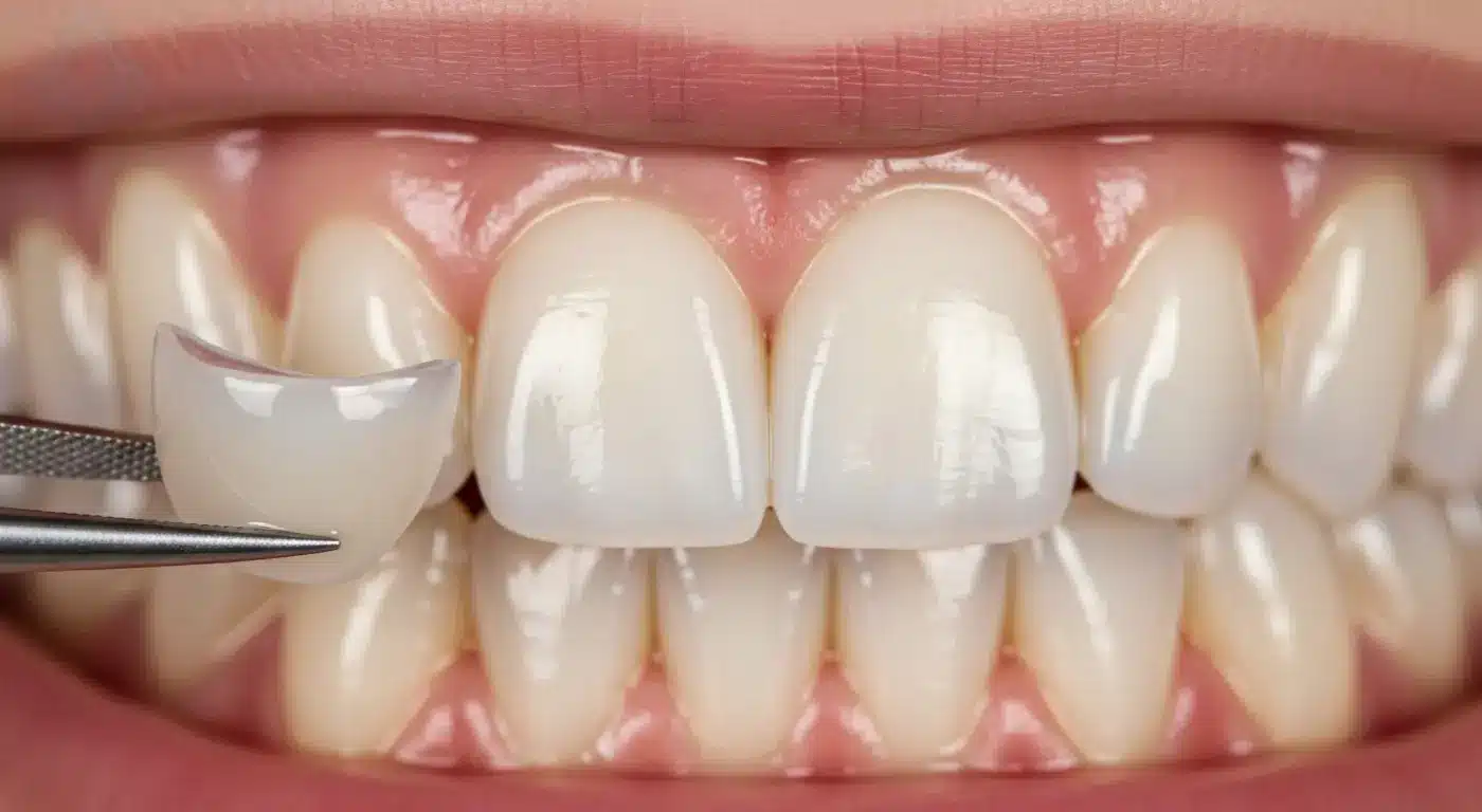 A thin porcelain veneer held up to a smile, showing how it fixes a chipped tooth