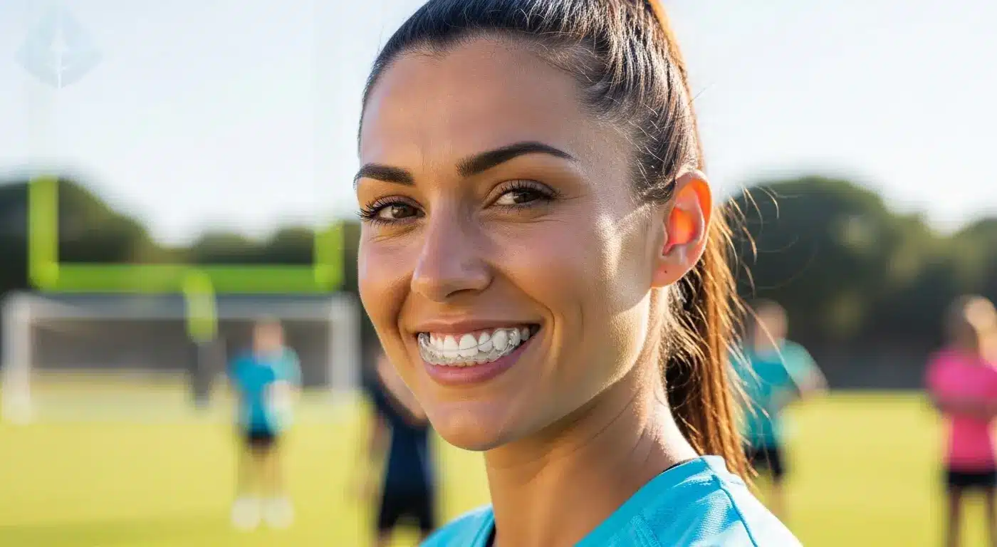 Athlete wearing a mouthguard to prevent chipped teeth during sports