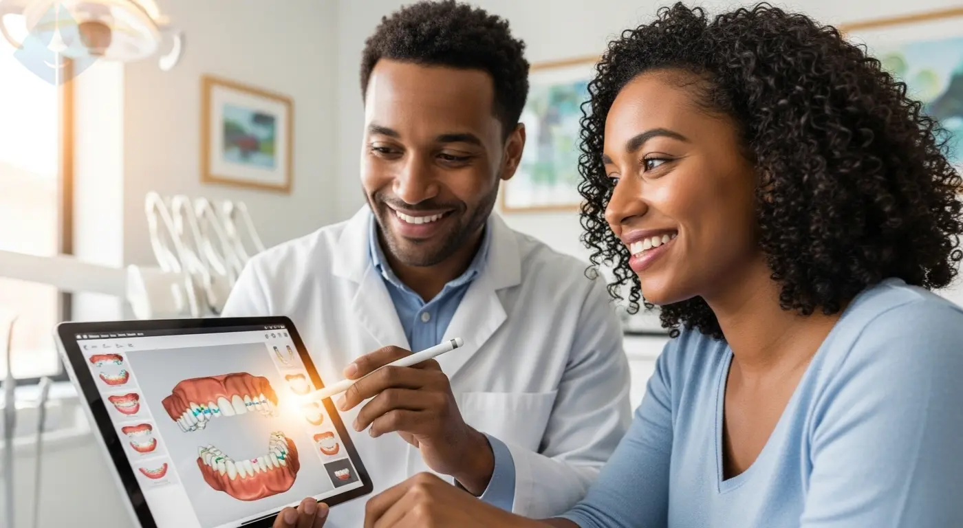 A smiling patient and her dentist co-designing a new smile on a tablet in a New Jersey dental office
