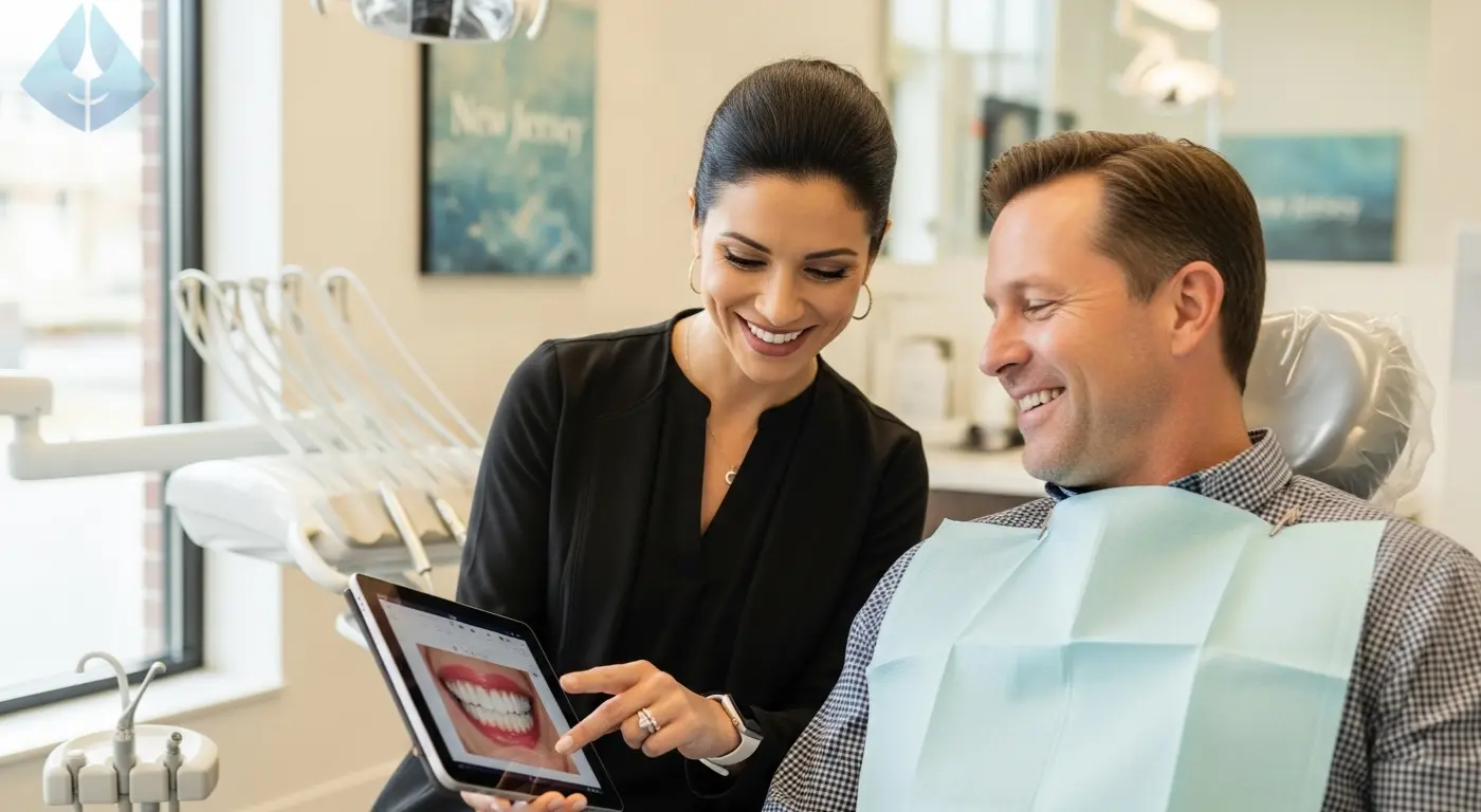 A patient in a consultation with a cosmetic dentist in NJ, discussing a custom smile makeover plan.