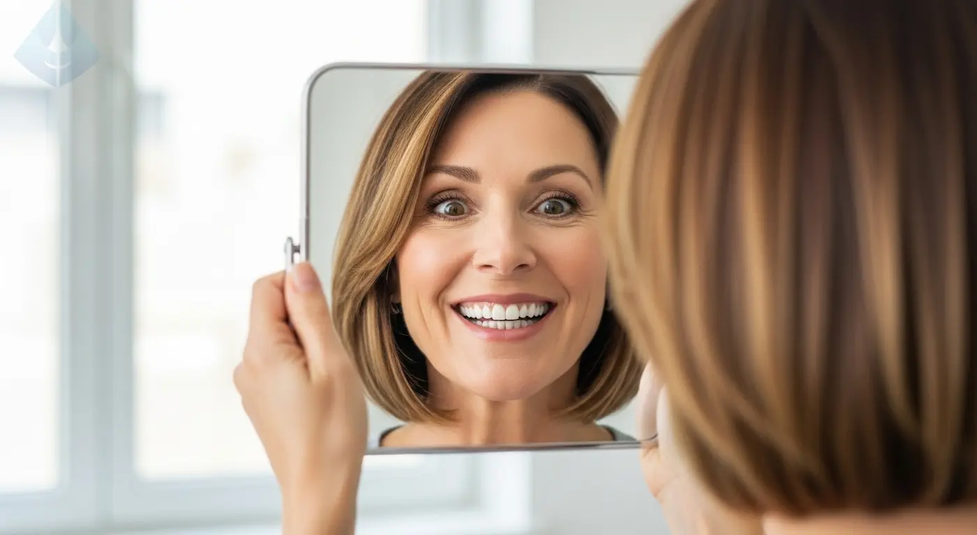 A happy woman admiring her new smile with a 'smile test drive' mock-up from her cosmetic dentist.