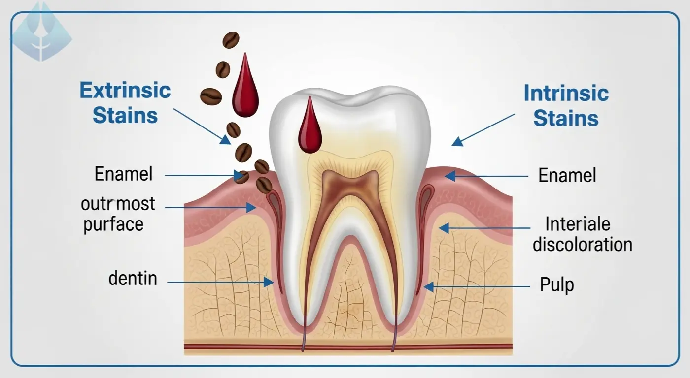 Infographic explaining the difference between extrinsic and intrinsic stains on a tooth's enamel and dentin