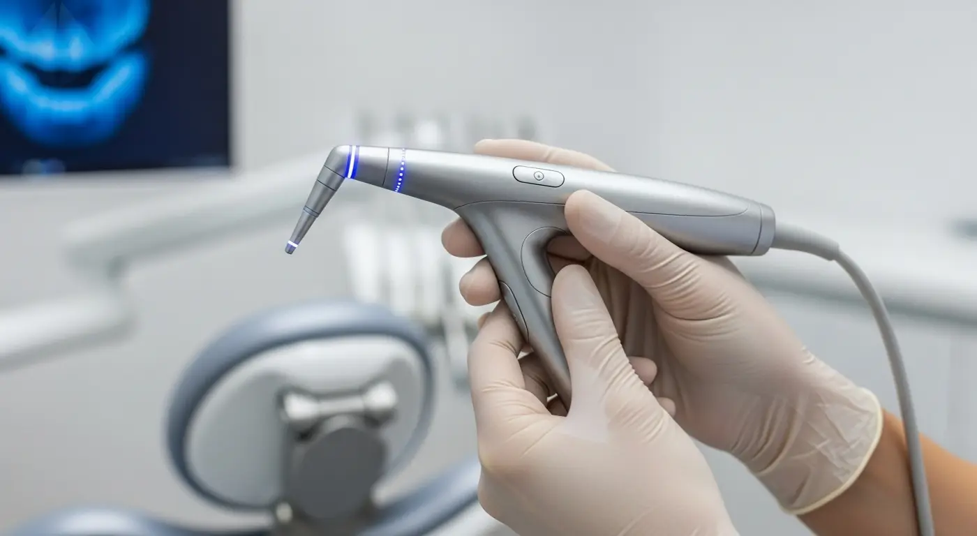 Close-up of a dentist's hands holding a modern 3D intraoral scanner for digital smile design