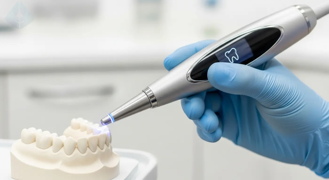 A close-up of a 3D intraoral scanner, a key technology used in Digital Smile Design in New Jersey for comfortable and precise impressions.