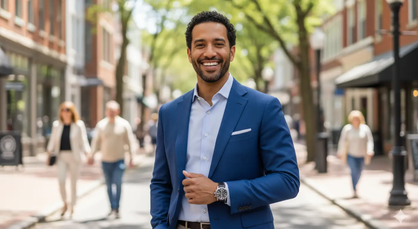 A man with a perfect, confident smile enjoying life outdoors after his successful smile makeover using Digital Smile Design in New Jersey.