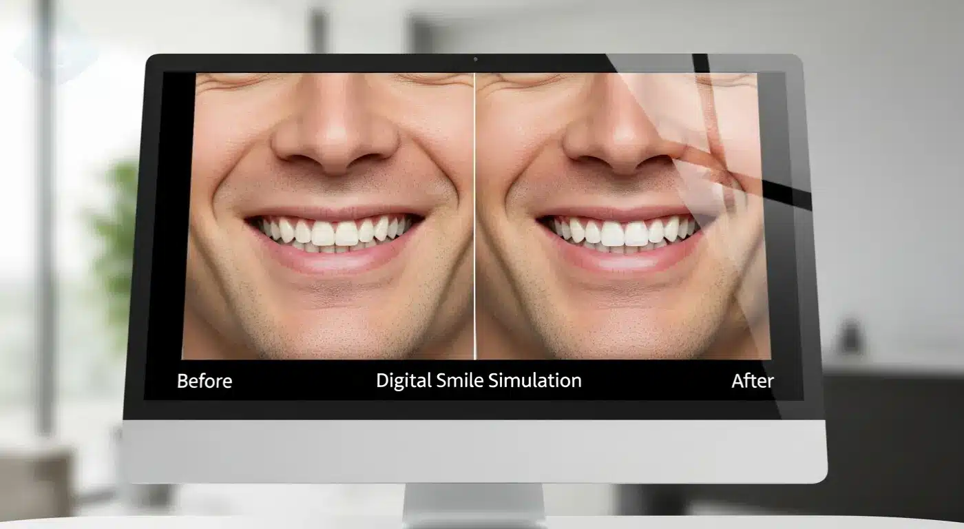 A computer screen showing a realistic before-and-after simulation from a Digital Smile Design New Jersey consultation.