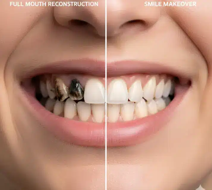 Side-by-side comparison of full mouth reconstruction vs. smile makeover needs.