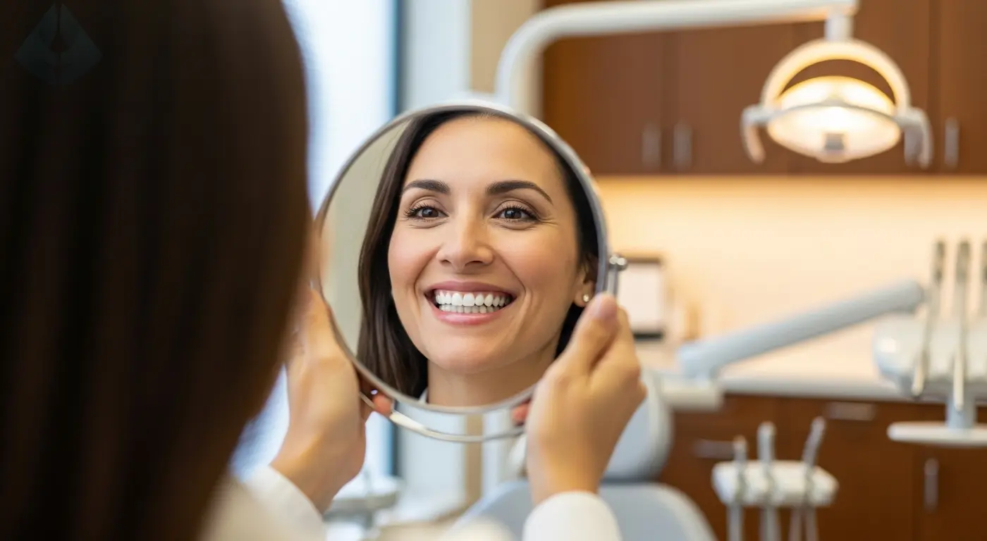 A happy patient in New Jersey trying on her motivational mock-up, a 'test drive' of her new smile from the Digital Smile Design process.