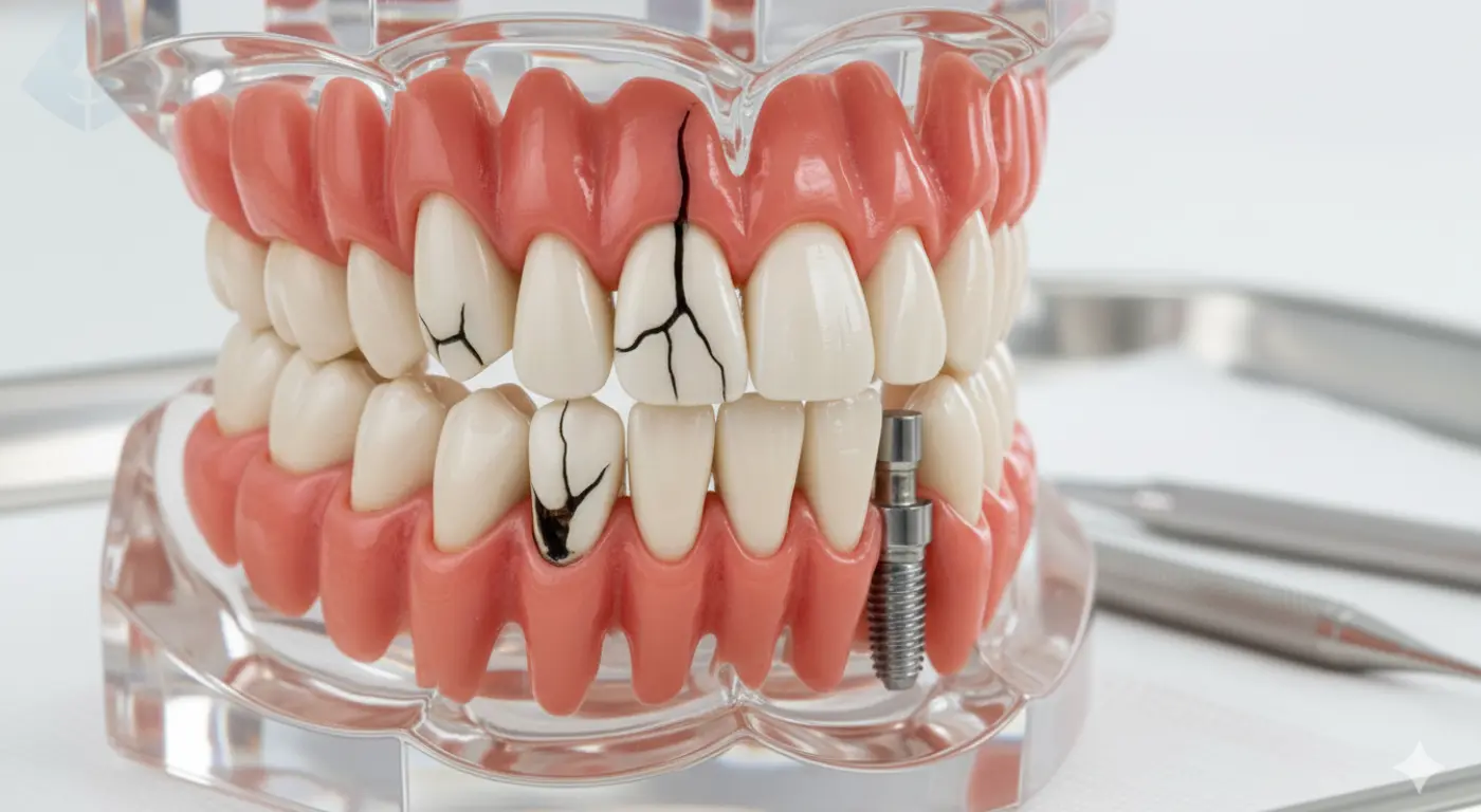 Dental model illustrating advanced tooth decay, missing teeth, and damage.