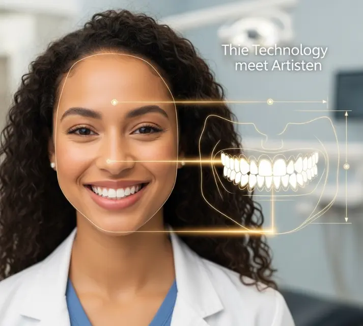 A female patient experiencing the benefits of Digital Smile Design in New Jersey, with technology overlays showing the precision of her smile makeover.