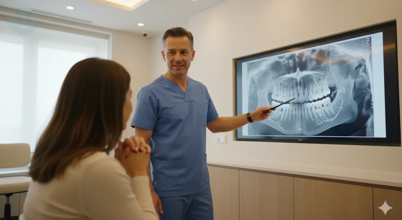 A dentist and patient in a consultation, looking at a 3D jaw scan to plan a bone grafting for dental implants procedure.