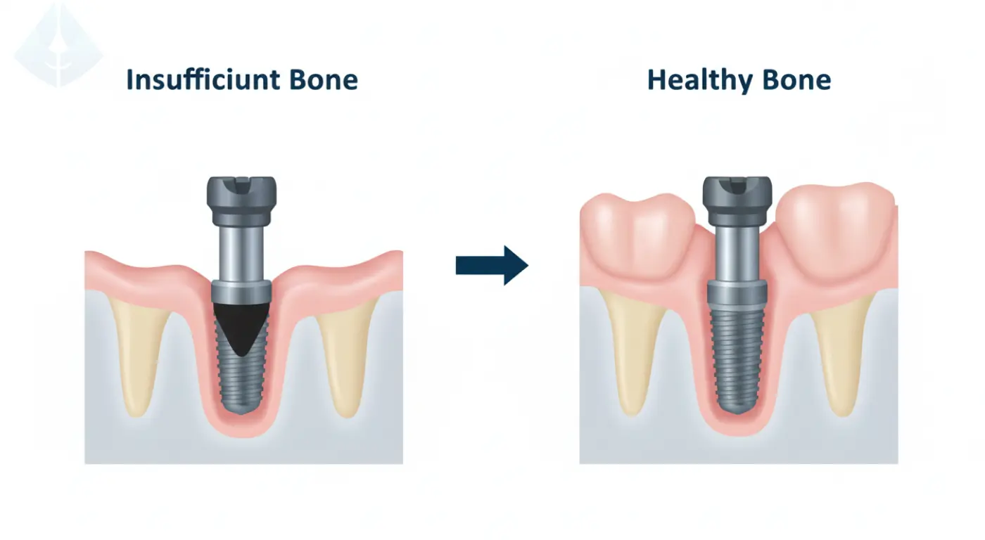 A comparison graphic showing implant failure from thin bone versus a successful implant, demonstrating the importance of the dental implant foundation.