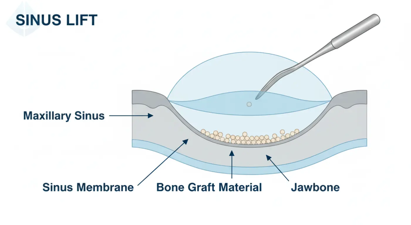 A diagram illustrating the sinus lift for dental implants procedure, showing how bone is added to the upper jaw near the sinus.