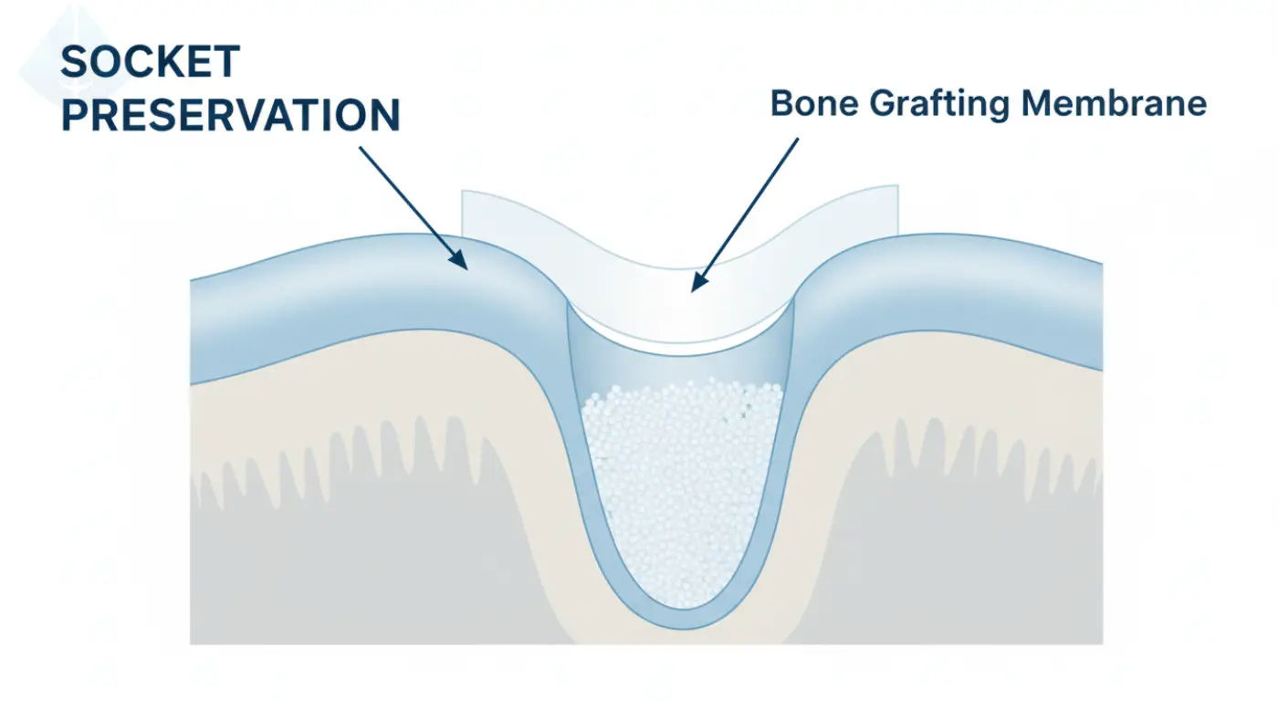 A medical diagram of the socket preservation after extraction process, showing the bone graft material filling the empty socket.