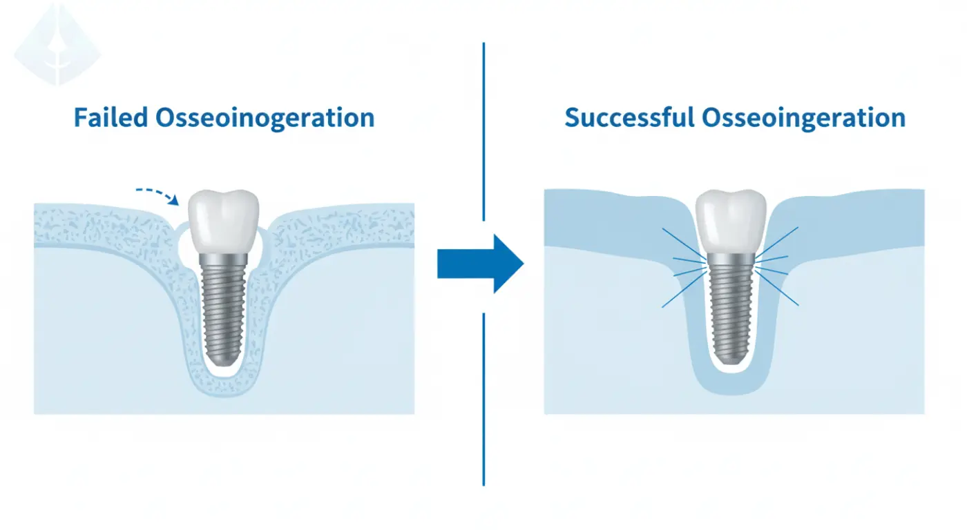 A diagram comparing successful osseointegration with a failed implant, highlighting the importance of jawbone quality for implants.