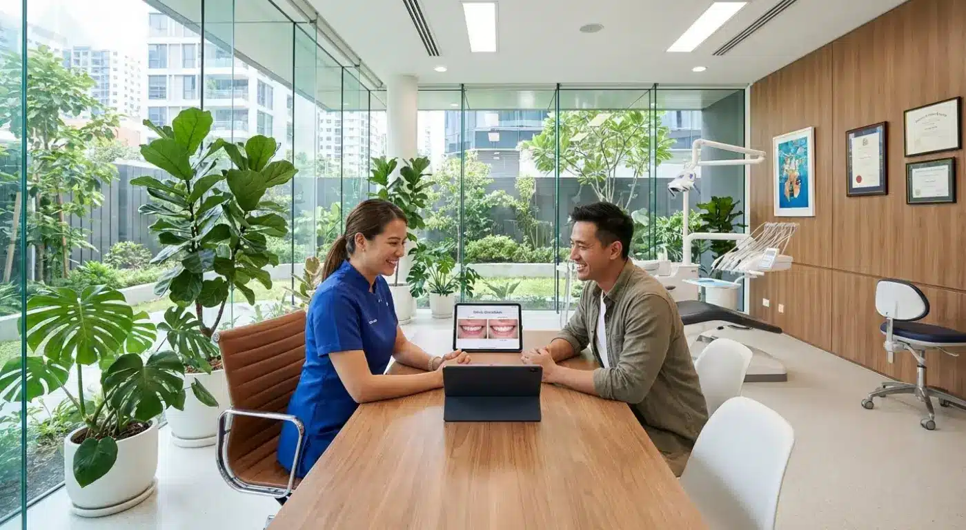 Dentist discussing sedation options and smile makeover plans with a patient in a modern NJ clinic.