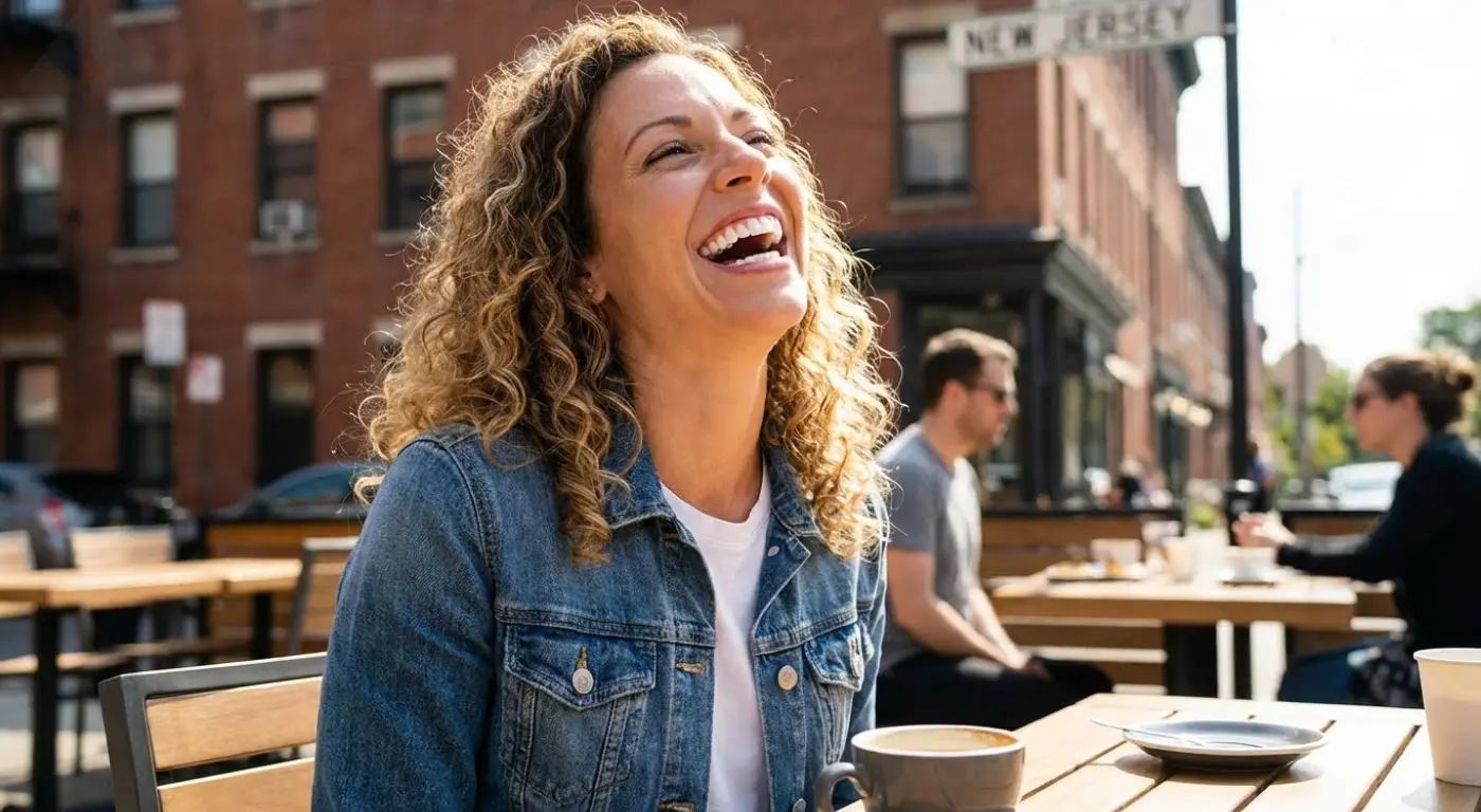 Woman laughing with a perfect smile, the result of fear-free cosmetic dentistry procedures.