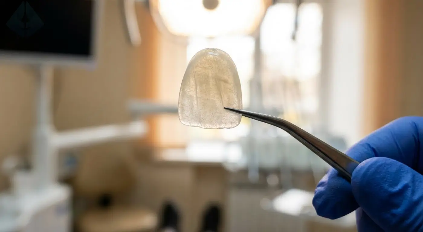 Dentist inspecting a high-quality porcelain veneer, facilitated by sedation dentistry for precision placement.