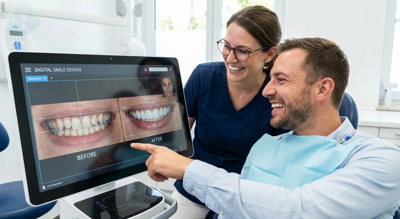 Patient reviewing an AI-generated Digital Smile Design simulation to preview veneer results.