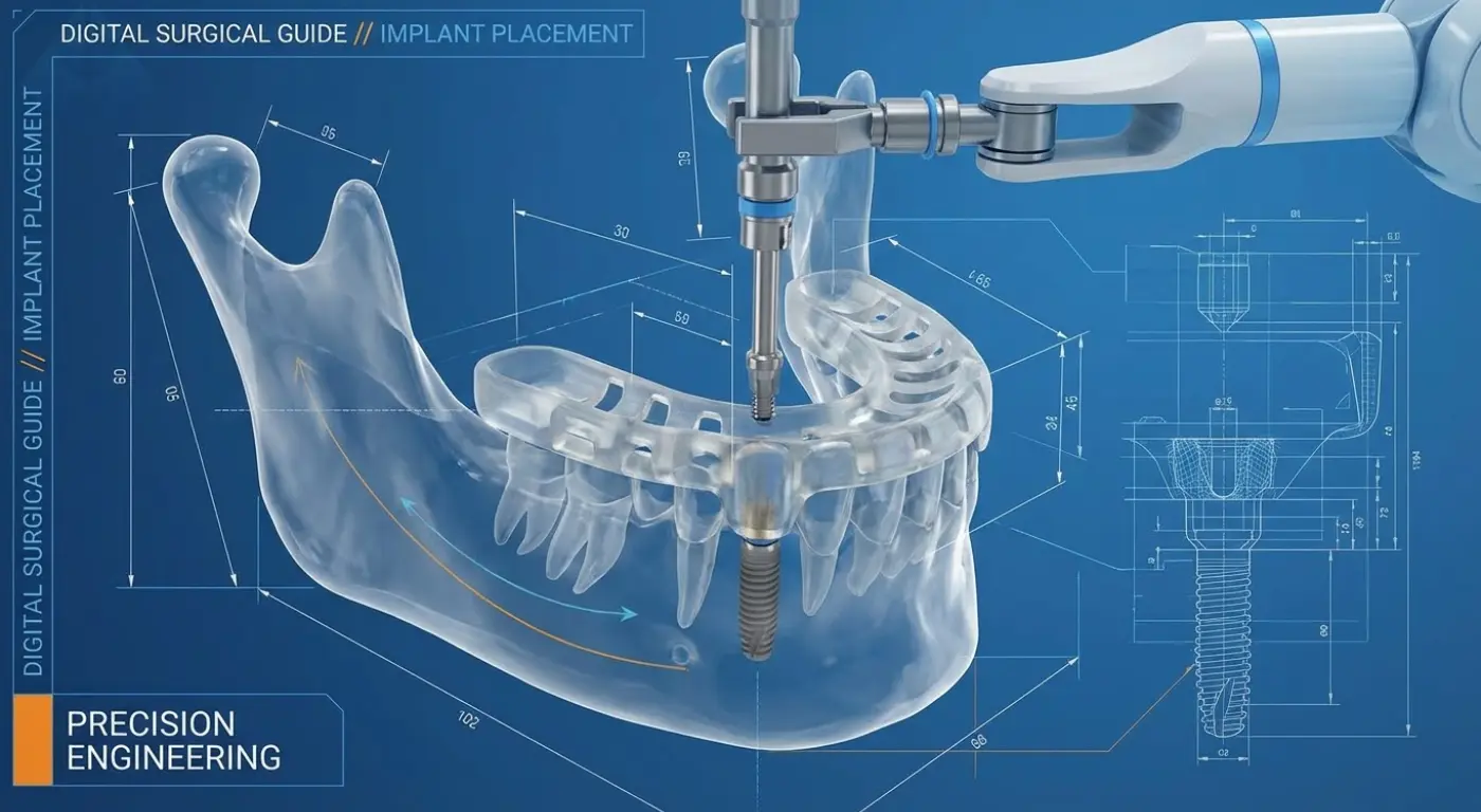 3D illustration of an AI-guided surgical guide for precise dental implant placement.