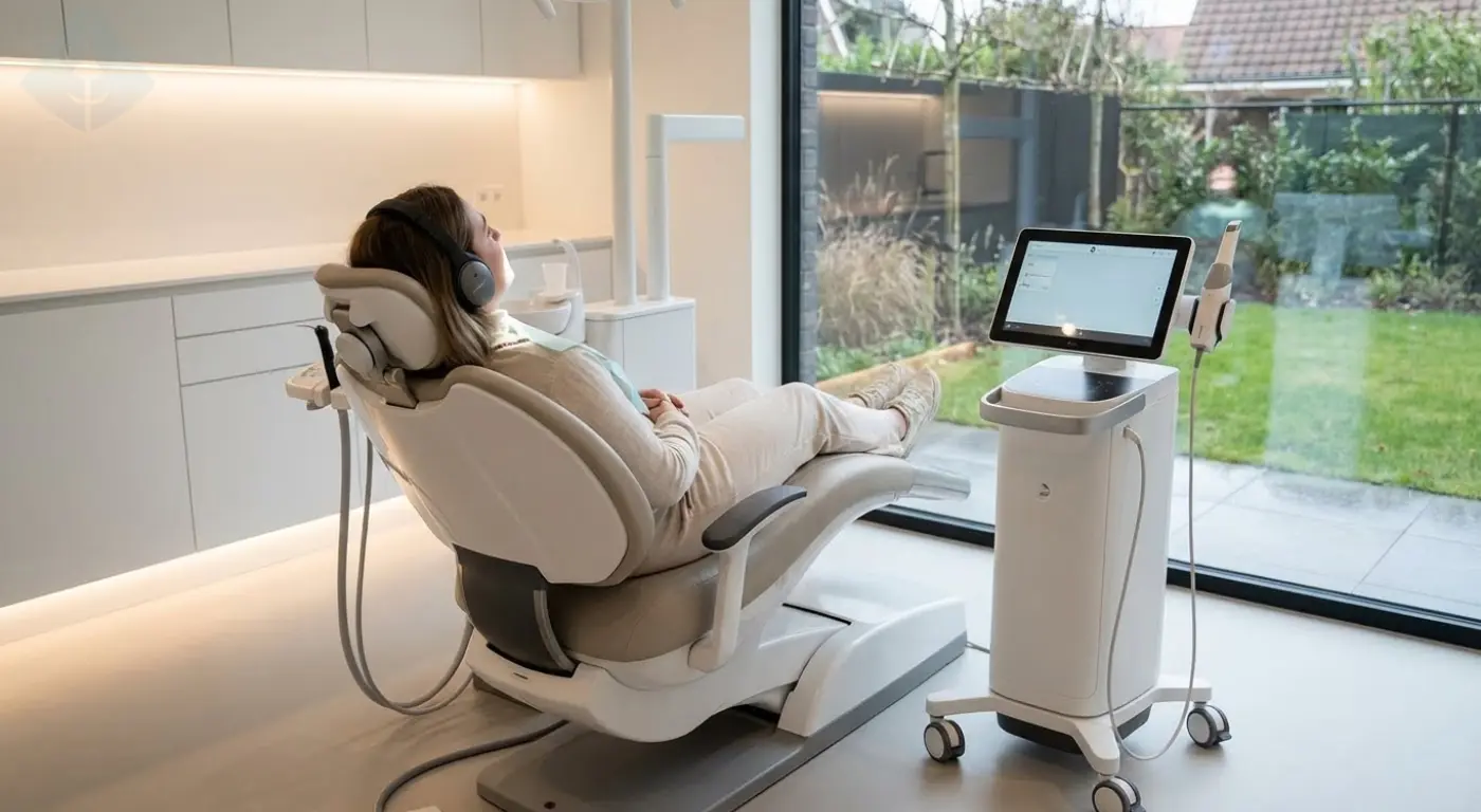 Relaxed patient in a New Jersey dental chair enjoying a gag-free digital impression experience.