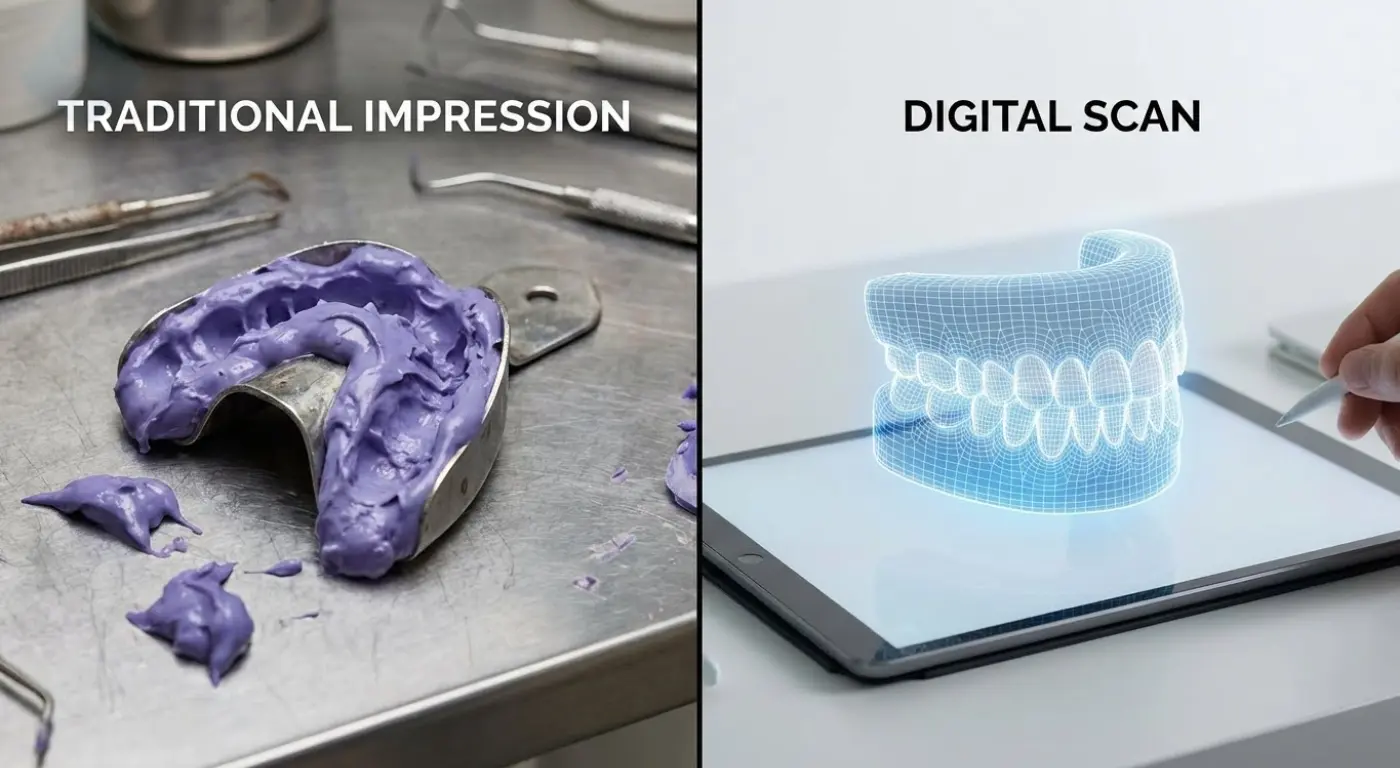 Comparison showing messy traditional dental putty versus clean and comfortable digital 3D scans.